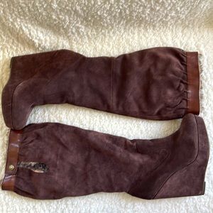 Calvin Klein Brown Suede Slouchy Knee High Wedge Heeled Boots w/ Fur Lining